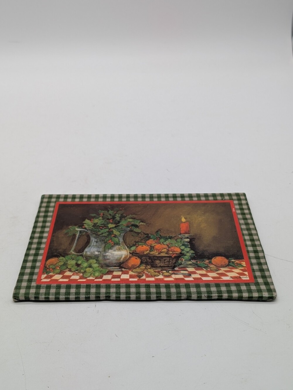 Vintage Decoupage Country Primitive Still Life Mini Plaque Gingham Border 7x4.75